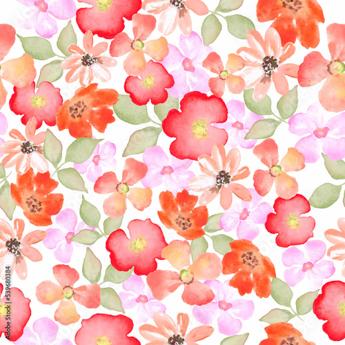 Watercolor beautiful seamless pattern with abstract bright flowers, leaves. Hand drawn floral illustration isolated on white background. For packaging, wallpaper, wrapping  design or print photo