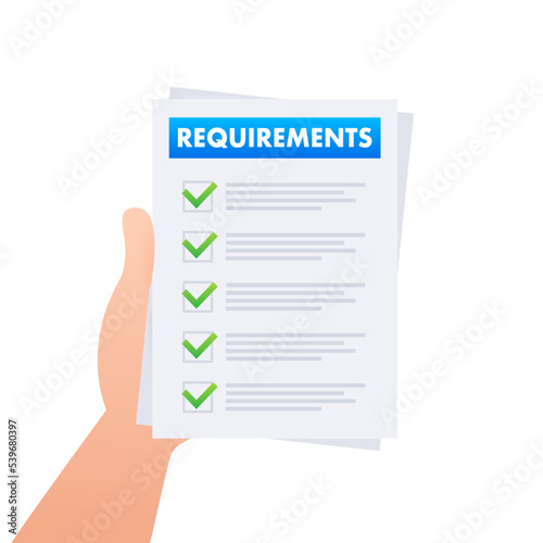 Requirements specifications document. Describing user task in document. Vector stock illustration.