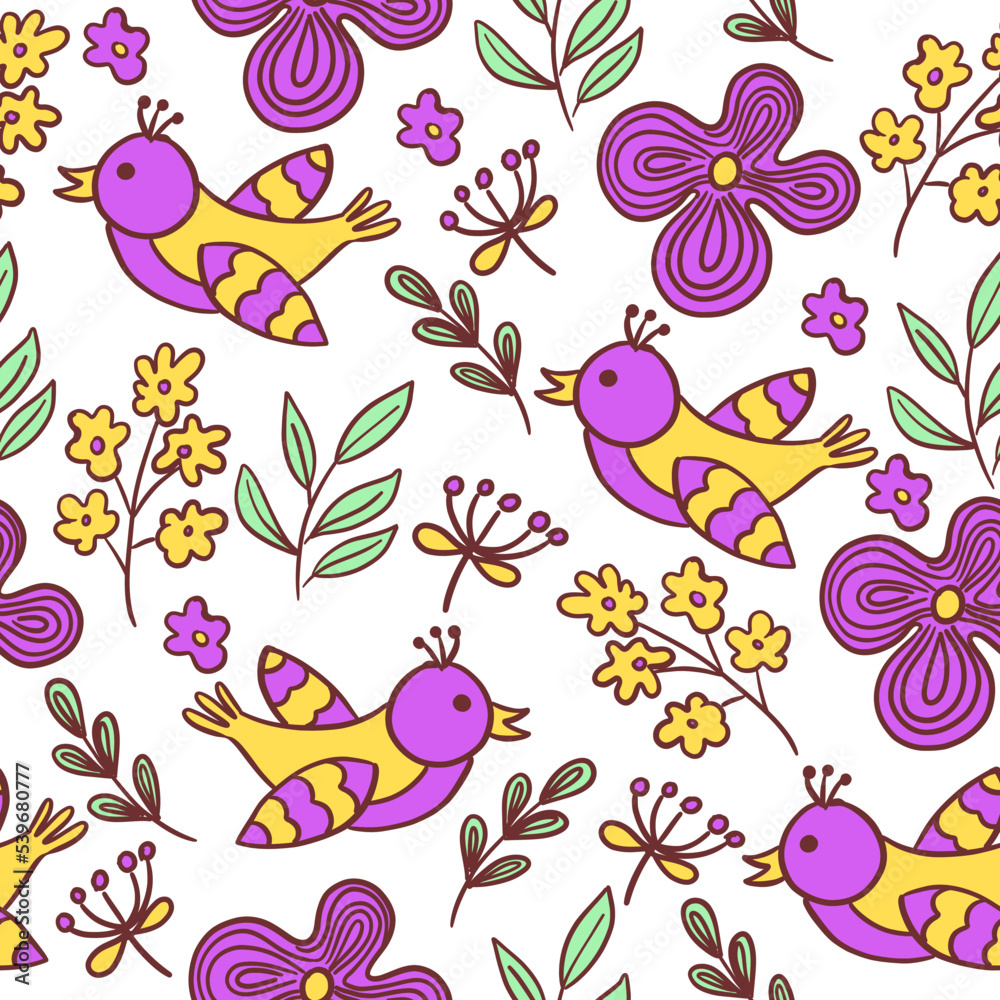 Vintage hand drawn pattern with birds and flowers