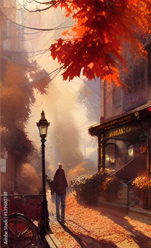 Drawing of the streets of the city in the fall. Autumn mood.  © Nereida