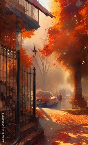 Drawing of the streets of the city in the fall. Autumn mood. 