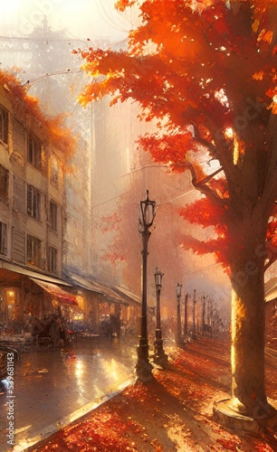 Drawing of the streets of the city in the fall. Autumn mood. 