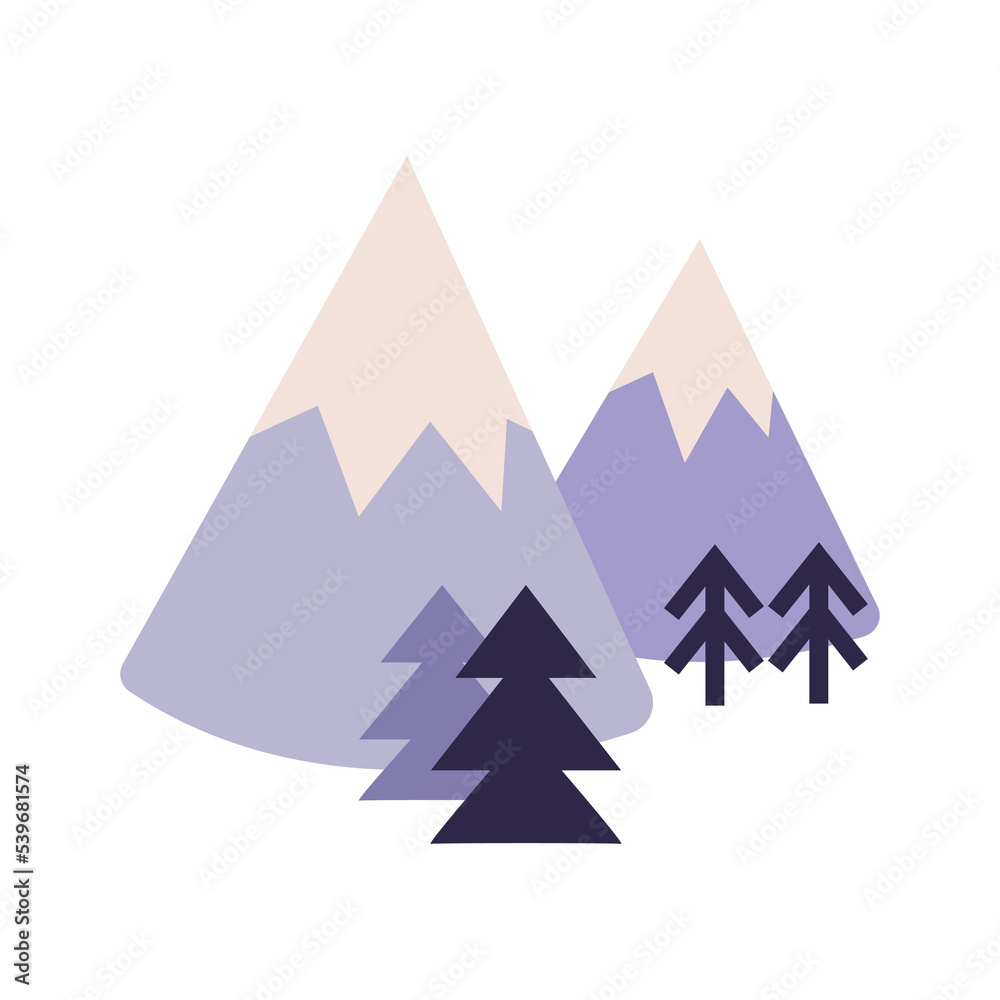 Mountains and firs, cartoon style. Trendy modern vector illustration isolated on white background, hand drawn, flat design.