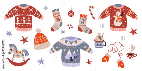 Collection with Christmas attributes, gifts and decorative elements, cartoon style. Cozy mood for winter. Trendy modern vector illustration isolated on white background, hand drawn, flat design.