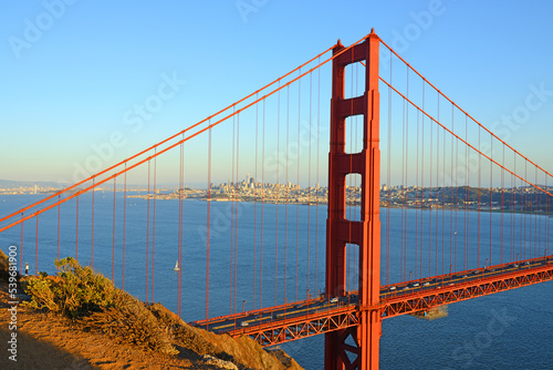 San Francisco and Golden Gate Bridge from Marin Headlands. California, United States. Evening