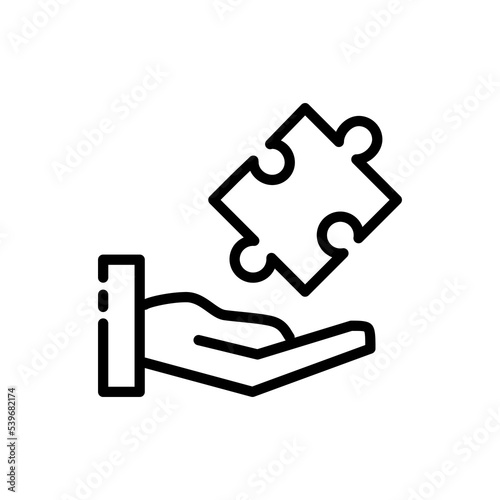 Puzzles line icon. Pair, mutual aid, help, teamwork, support, match, together, solve problems, perform tasks, society, creative idea. Vector black line icon on a white background