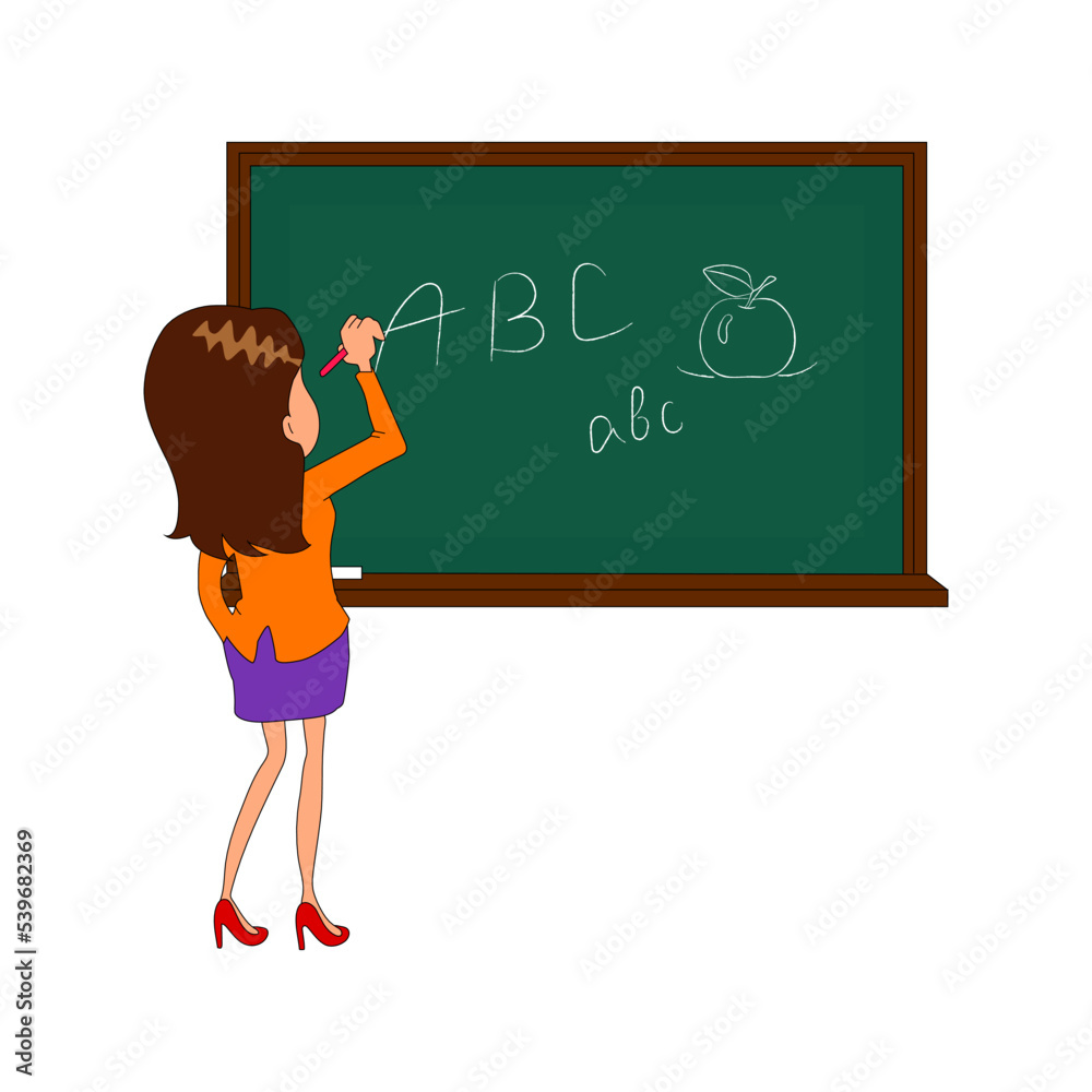 The teacher writes on the blackboard