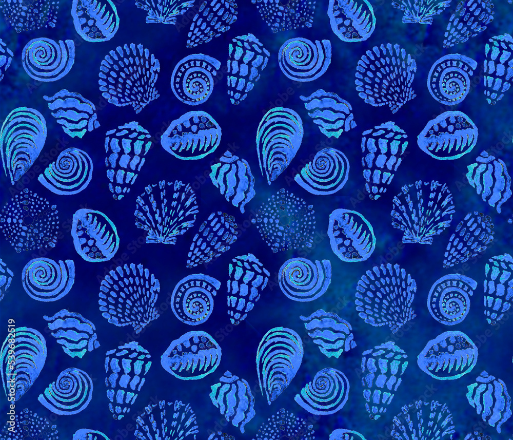 Teal shells on blue - seamless repeatable Teal shells on blue - seamless repeatable