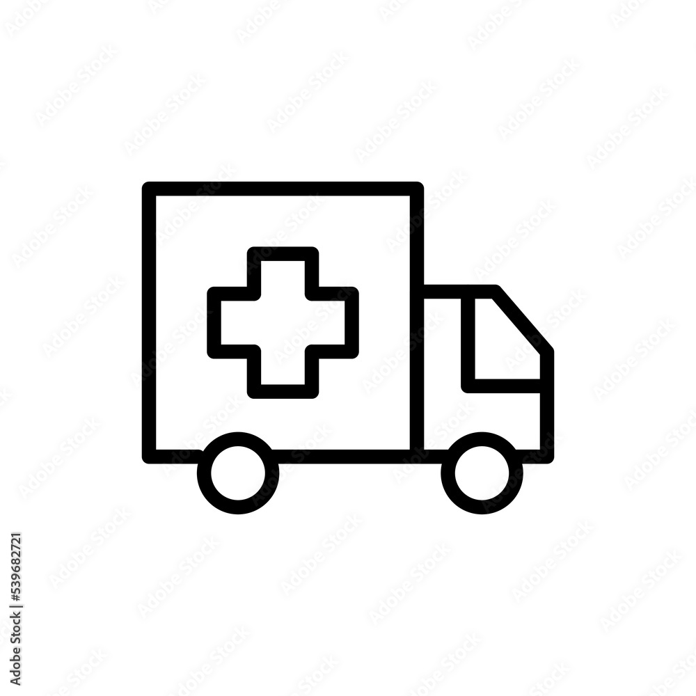 Ambulance car line icon. Pills, nurse, drugs, pill reminder, plate, treatment, disease, doctor, pharmacy, first aid kit. Health care concept. Vector black line icon on a white background Ambulance car line icon. Pills, nurse, drugs, pill reminder, plate, treatment, disease, doctor, pharmacy, first aid kit. Health care concept. Vector black line icon on a white background