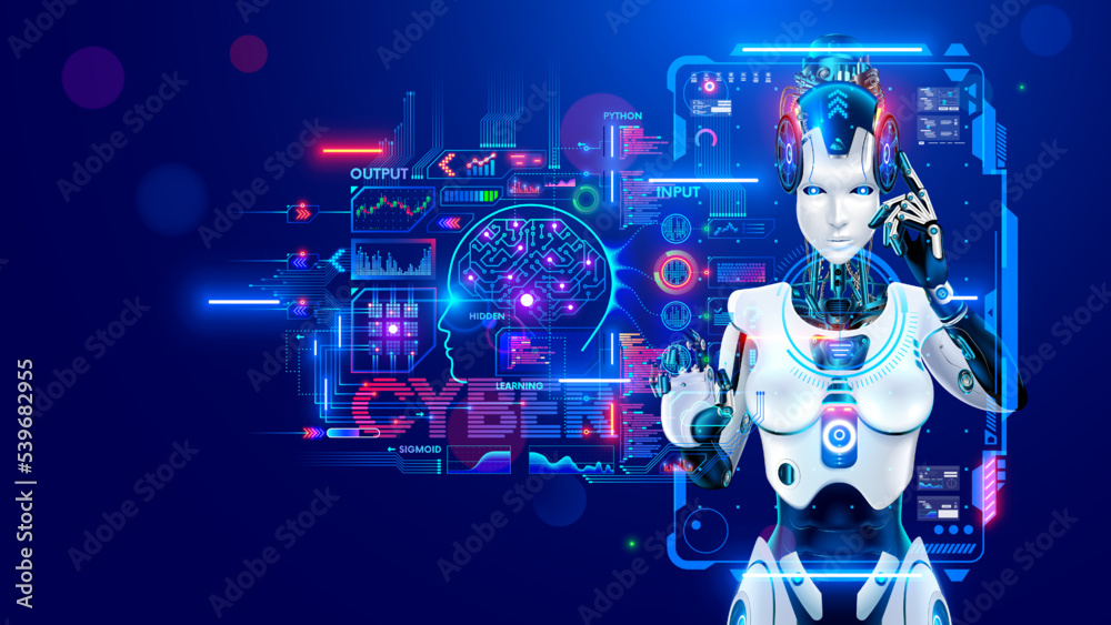AI in image robot woman or female cyborg working on 3d holographic interface. Robotic lady with Beautiful face and cybernatic hand pressing button. Anthropomorphic Artificial intelligence AI concept.