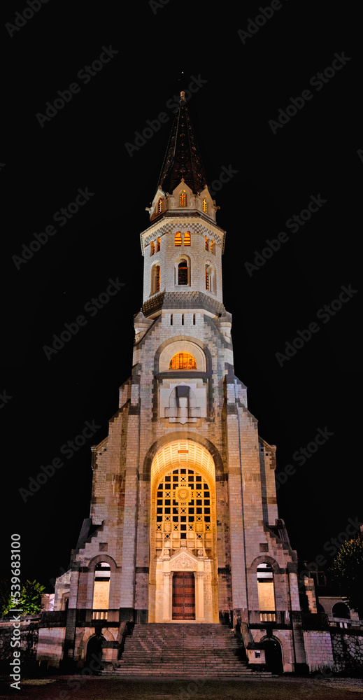 Annecy church -  Basilique de la Visitation, at night with lights 