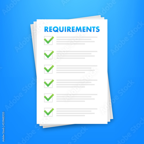 Requirements specifications document. Describing user task in document. Vector stock illustration. photo