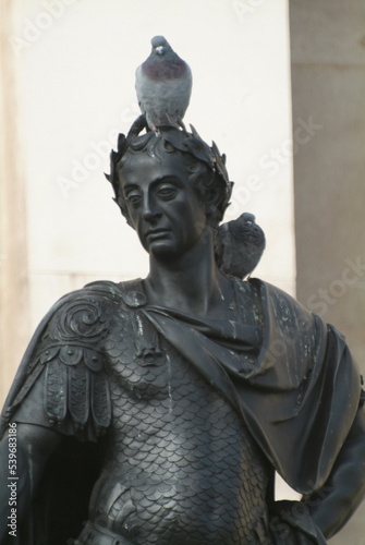 Close-up of a pigeon seated on the statue of King James II of England. photo