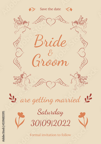 Wedding invitation template in retro style. Vintage frame of angels and hearts with wings. Vector illustration.
