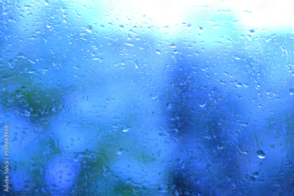 blue water outside window out focus, texture glass of background with water drops, place for text, horizontal banner with blurry bokeh, nature protection, abstract pattern, swimming pool blue water outside window out focus, texture glass of background with water drops, place for text, horizontal banner with blurry bokeh, nature protection, abstract pattern, swimming pool