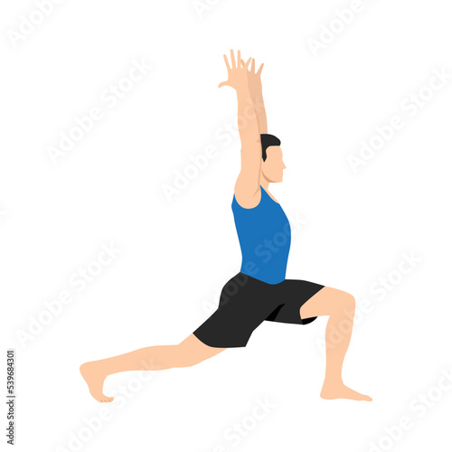 Man doing warrior I pose virabhadrasana exercise. . Flat vector illustration isolated on white background