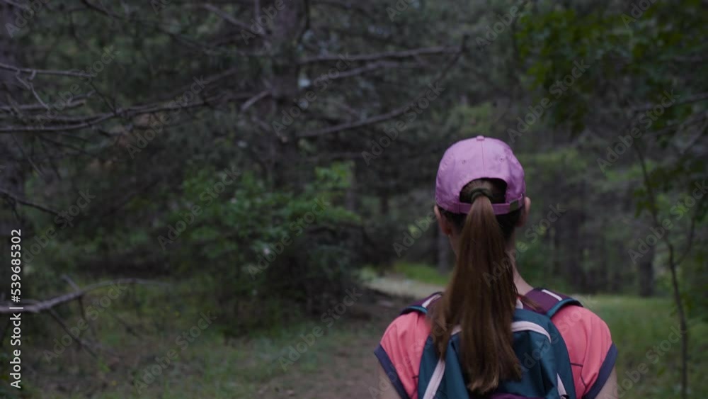 Girl hiking in nature. Back view backpacker walking downhill on a trail in the forest. Girl hiking in nature. Back view backpacker walking downhill on a trail in the forest.