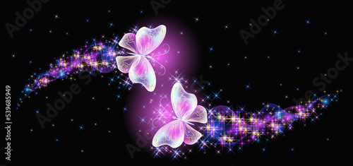 Flying delightful magical butterflies with sparkle and blazing trail in night sky. Love and romance concept.