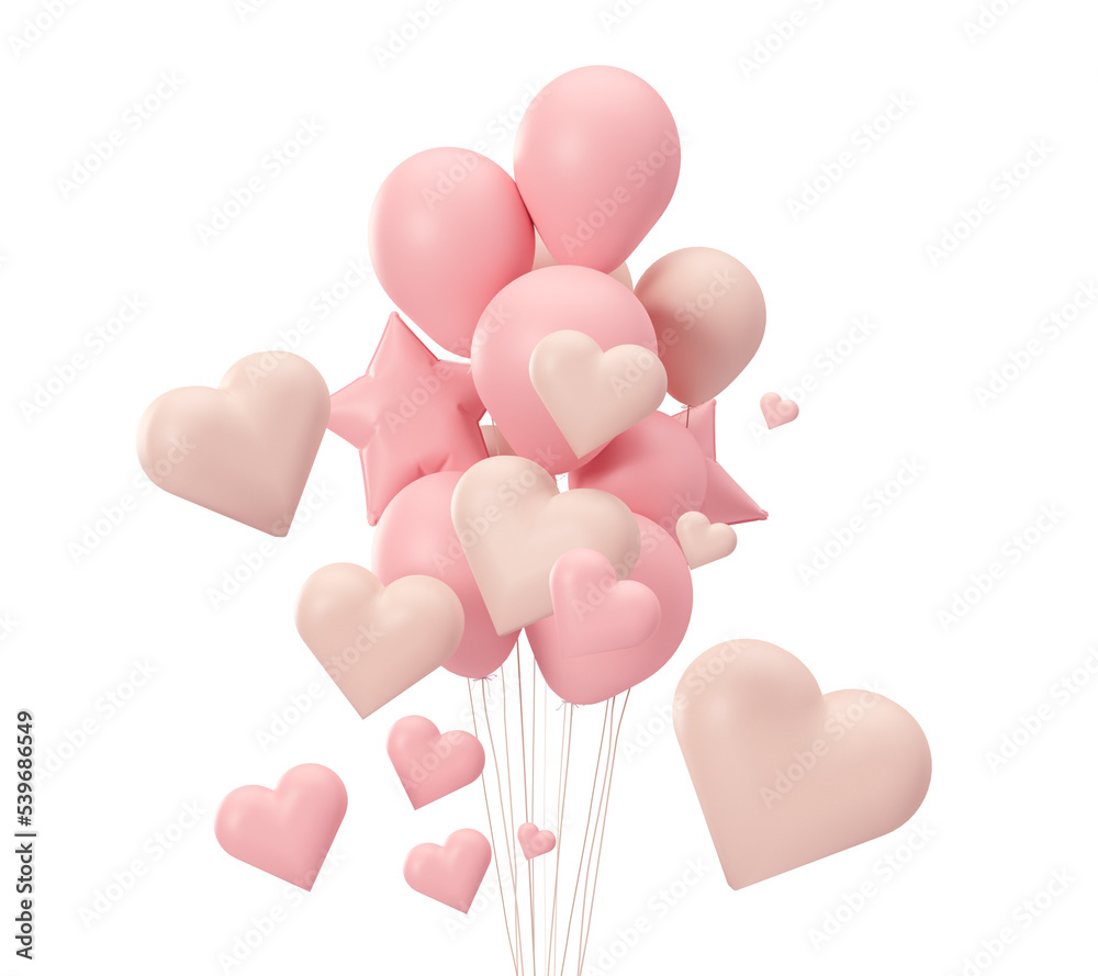 Pink balloons and hearts flying in the air, on transparent background. Valentine's Day, Wedding, Anniversary. Birthday, celebration, element for event card. Mothers Day. Cut out. 3D render.
