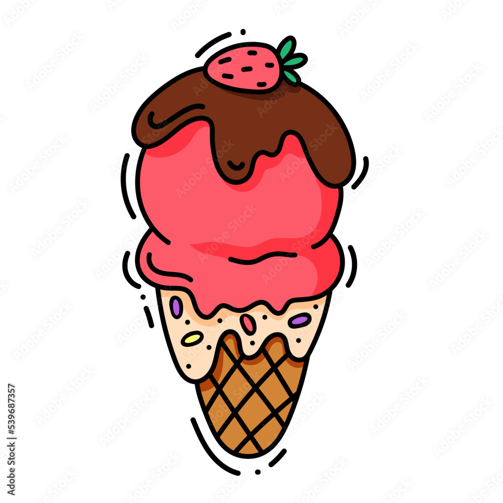 Pink ice cream in the waffle cone. Vector flat outline icon. Cartoon style illustration for sticker and t shirt design. flat logo design Pink ice cream in the waffle cone. Vector flat outline icon. Cartoon style illustration for sticker and t shirt design. flat logo design