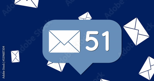 Illustration of message icon and 51 number in speech bubble over envelopes on blue background