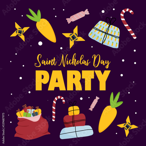 Saint Nicholas party. Invitation poster for St. Nicholas Day character. Winter children's holiday