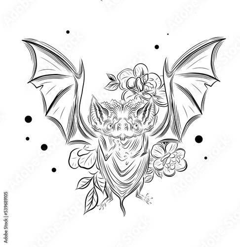 Bat tattoo. Linear vector illustration of a vampire.