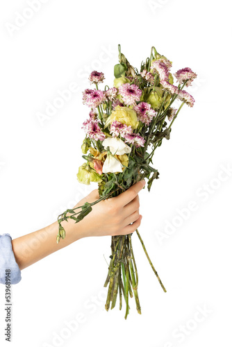 Canvastavla Withered bouquet of flowers. Old dried flowers in hand.