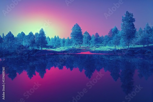 Fantastic forest with a lake in the center, wooded area. Fantasy forest landscape, neon light reflected in the water. 3D rendering, raster illustration.