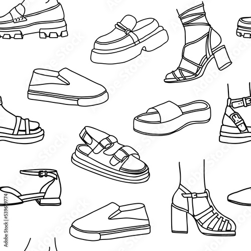 Modern feminine footwear line art seamless pattern. Sketch background with shoes and sandals for spring and summer. Hand drawn vector illustration