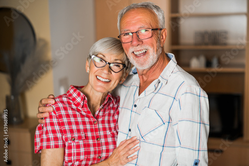 Portrait of happy senior couple at home. Seniors embracing.