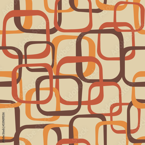 An abstract seamless pattern in retro style, 70s wallpaper background with funky squares red, orange, brown, and beige