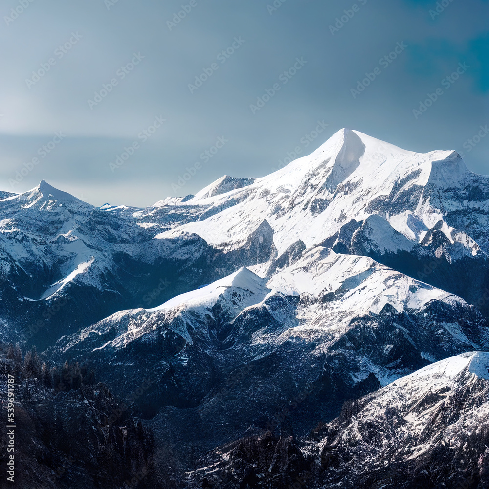 Mountain peaks in winter. Snow covered mountains landscape 3d illustration