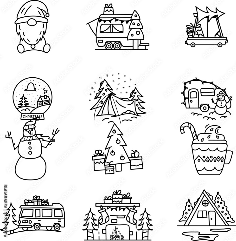 Christmas camping icons and elements in line art style. Silhouette travel symbols icluding snowman, rv trailer, christmas trees. Stock vector graphics Christmas camping icons and elements in line art style. Silhouette travel symbols icluding snowman, rv trailer, christmas trees. Stock vector graphics