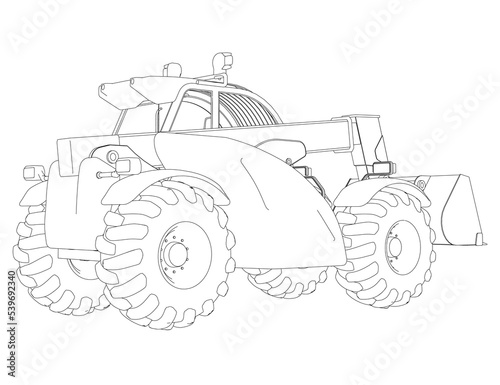 Excavator outline from black lines isolated on white background. Detailed tractor. Back view. 3D. Vector illustration. photo