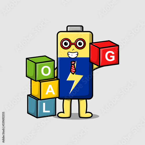 Cute cartoon Battery businessman stacking goal box in flat modern style design