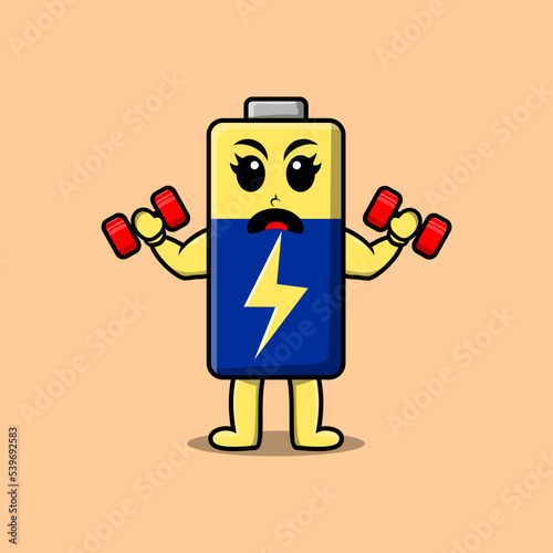 Cute cartoon Battery character is fitness with barbell in modern style design 