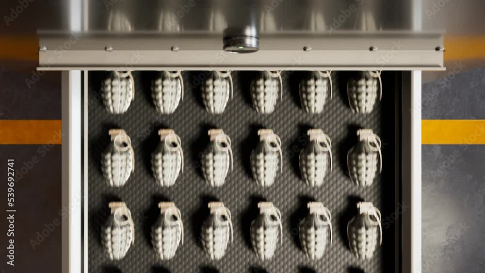 Conveyor belt full of stacked manufactured grenades. Weapon production
