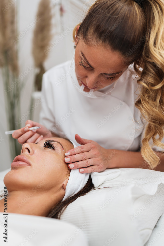 Beautiful young adult woman receiving professional permanent makeup treatment. Modern face and eyebrows tattoo drawing. Beauty and cosmetics business. Beautiful young adult woman receiving professional permanent makeup treatment. Modern face and eyebrows tattoo drawing. Beauty and cosmetics business.