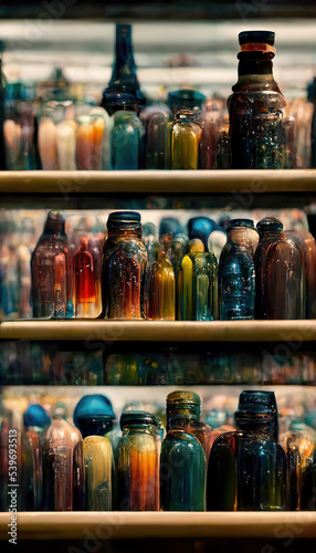 AI generated image of multiple vintage glass paint bottles stacked at an artist s studio 