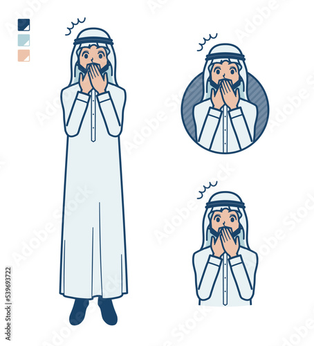 白い衣装を着たアラビア人男性が口をおさえて驚いているイラスト