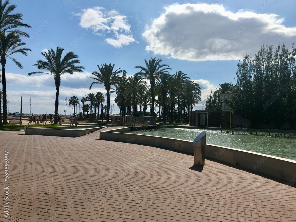 Salou, Spain, June 2019 - An empty park bench next to a palm tree