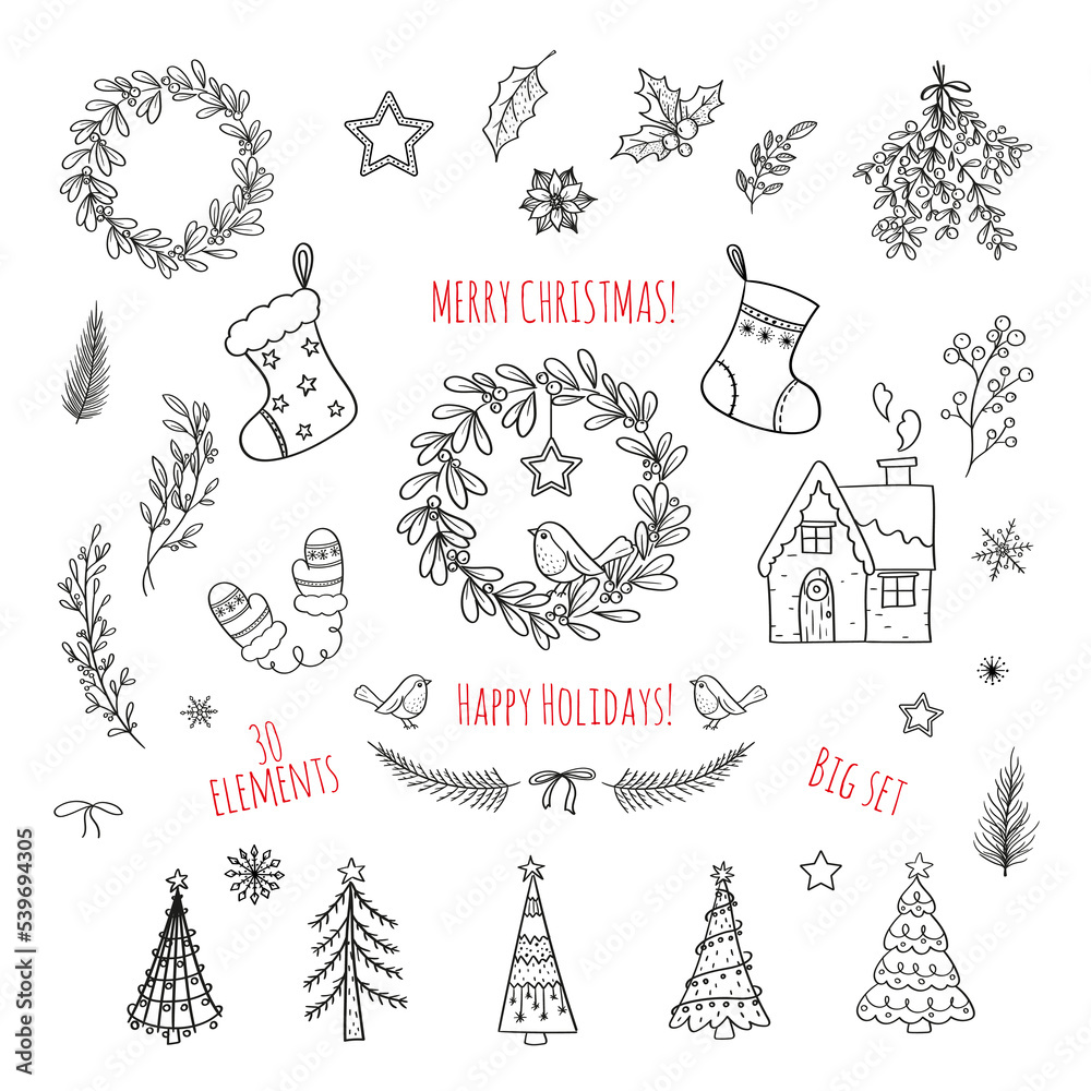 Christmas and New Year set of drawings. Snowflakes, Christmas trees, birds, mistletoe, holly, branches. For decoration of gifts, paper, patterns, t-shirts, mugs.