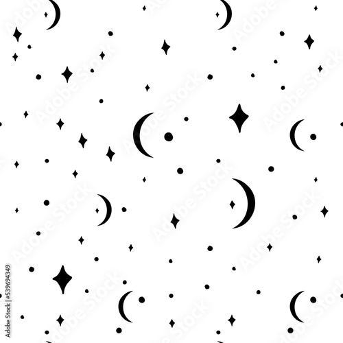 Monochrome seamless pattern with black stars and crescent moons on white background. Boho celestial pattern. Stock vector illustration