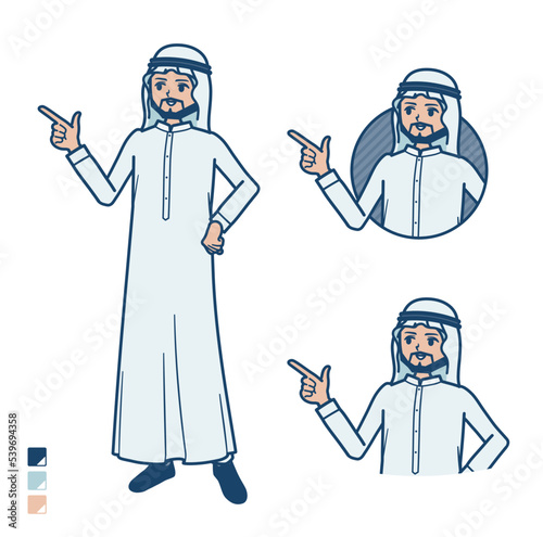 白い衣装を着たアラビア人男性が指差して解説しているイラスト