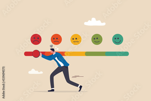 Dissatisfaction, dislike or negative feedback, angry customer or dissatisfied employee, angry review, disappointment rating or complaint concept, man pushing rating bar to dissatisfaction level. photo