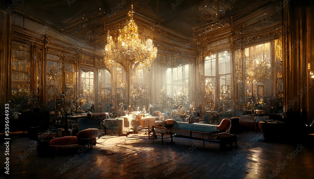 AI generated image of a palatial ornate vintage grand ballroom in Europe  - obrazy, fototapety, plakaty 
