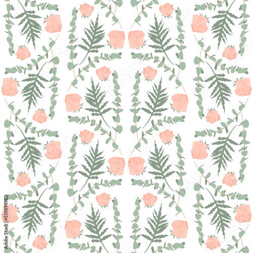 Boho seamless pattern with eucalyptus, rose blossoms and palm leaves on white background.