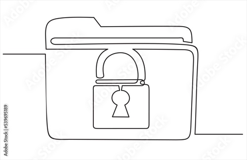 Continuous one line drawing of folder and padlock. Protected folder. Personal information, data, lock, password, pin code, file. Privacy concept. 