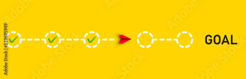 red plane, completing its missions, flies to the goal.
Project tracking, goal tracking, task completion idea concept.